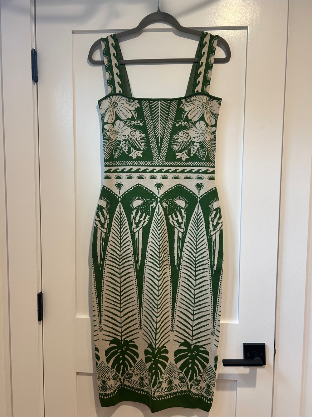 FARM Rio Macaw Jacquard Sweater Knit Midi Dress - Green Floral & Palm Pattern
